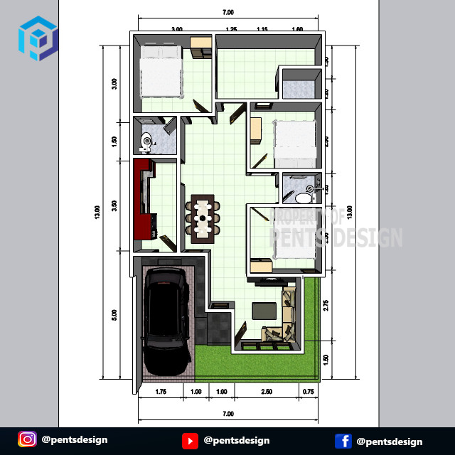 Contoh Desain Rumah Minimalis 7×13 Meter 3 Kamar Tidur